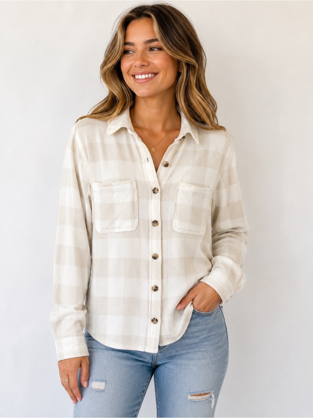C&C California Plaid Shacket Shirt Women’s Small Ivory Beige Button Front Top